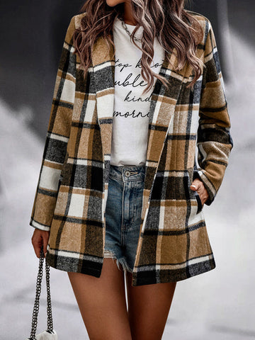 Woochic courte manteau en laine carreaux avec poches femme surchemise casual Khaki S